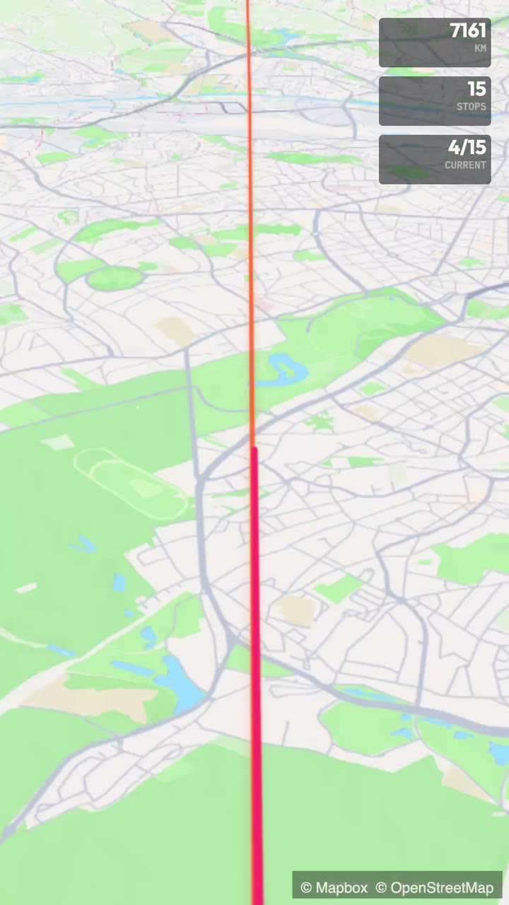 A 3D map flyover tracing a travel route
